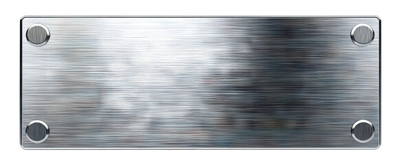Rectangular brushed metal nameplate with four screws, isolated on transparent cutout background