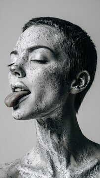Woman with short hair and eyes closed, face and body covered in textured silver body paint, sticking tongue out in an expressive and raw artistic studio portrait