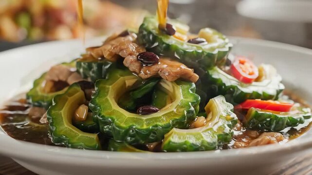 Close up of a plate with cooked green bitter melon slices and other ingredients