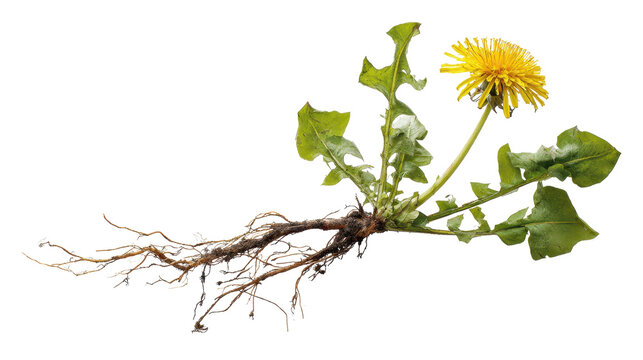 Dandelion plant with vibrant yellow flower, green leaves, and taproot system, isolated on transparent background, symbolizing natural growth, resilience, and herbal medicine concepts