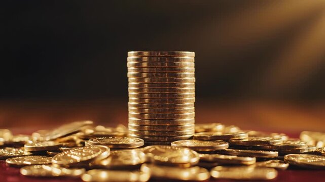 A tall stack of golden coins with more coins falling around
