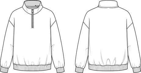 Technical, fashion, sketch, of, a, classic, long, sleeve, quarter, zip, sweatshirt, cad, drawing, flat, vector, illustration, front, and, back, view. © Ziarul