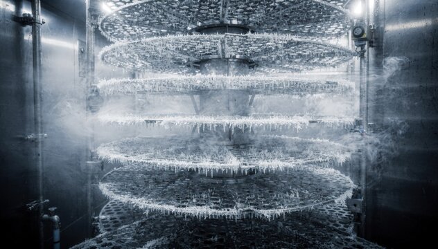 Medium shot of cryogenic distillation column interior showing detailed trays with frostcovered surfaces and rising cold vapor for a chilling industrial effect.