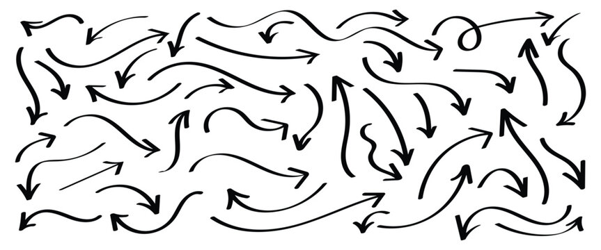 Different collection of curved thin lines vector hand drawn arrows  on white background. Black arrows set are used to educational materials, presentations and different type of project work.