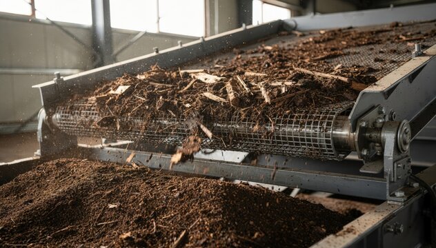 Medium shot of a vibratory screen gently shaking compost material efficiently sieving out oversized debris while allowing nutrientrich granules to pass through.