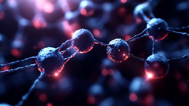 Close-up view of molecular structure with glowing particles