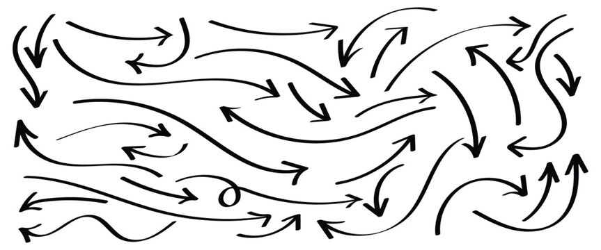 Different collection of curved thin lines vector hand drawn arrows  on white background. Black arrows set are used to educational materials, presentations and different type of project work.