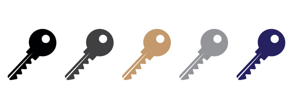Set of five colorful keys isolated on white background for security access unlock concept