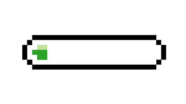 Pixel art progress green bar illustrating a loading state or digital processing, perfect for retro gaming interfaces and user experience designs with a classic 8-bit aesthetic
