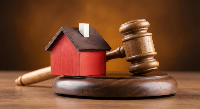Miniature red house model with wooden gavel on justice concept wooden table warm lighting