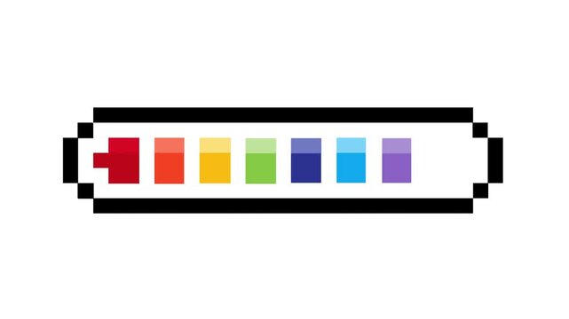 Vibrant pixel art battery icon showcasing a full charge represented by a rainbow color spectrum, blending retro digital aesthetics with concepts of energy and power