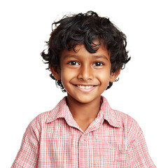 Joyful indian child boy face close portrait with friendly smile, isolated on transparent cutout background