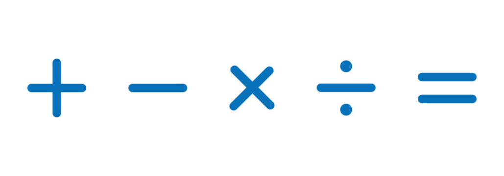 Collection of mathematical plus, minus, multiply, divide, and equals signs can be used for calculators, financial applications and educational project work.