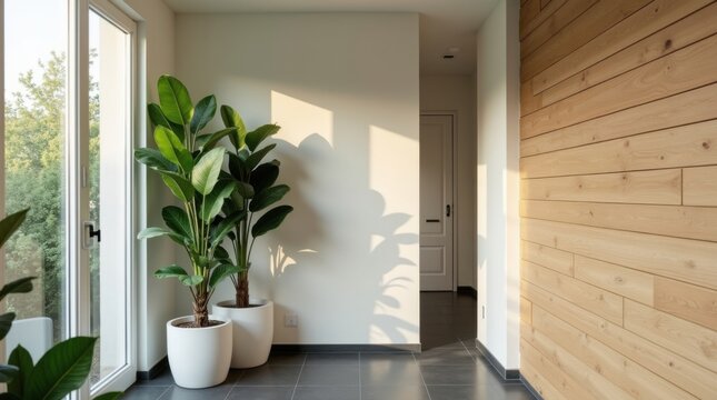 Pasillo moderno con grandes plantas verdes en macetas