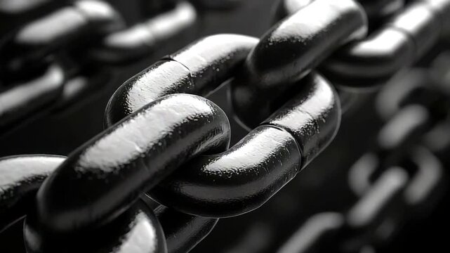 Close-up of interlocking black metal chains on dark background