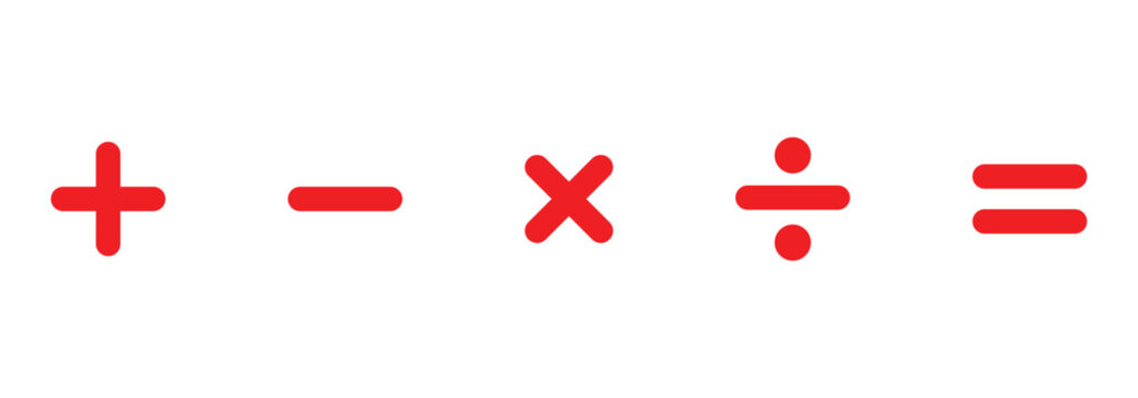 Flat mathematical plus, minus, multiply, divide, and equal symbol collection for calculators, financial applications, and educational project use. Vector icon isolated on a white background.