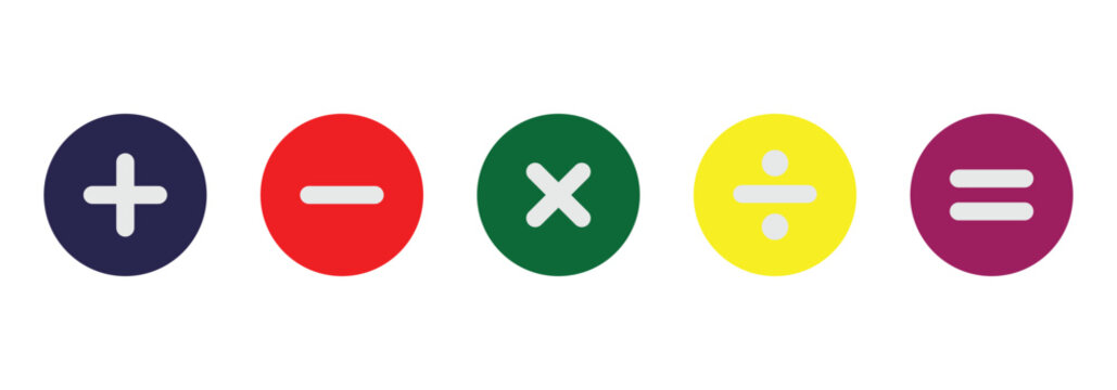 Plus, minus, multiply, divide and equals sign in different colored circular frame. Flat vector icon set isolated on a white background.