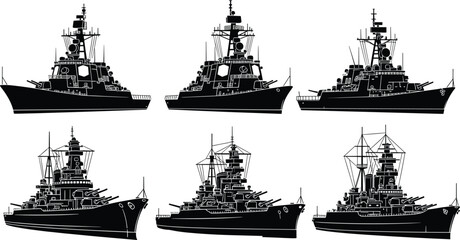Vector, silhouette, set, of, modern, naval, warships, and, historical, battleships, military, ocean, vessel, cad, drawing, flat, illustration, isolated, white, background. © Ziarul