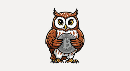 A cartoon owl holds a bitcoin on a plain white background with a mix of orange and brown hues.