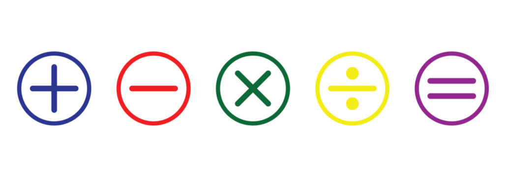 Different colored mathematical plus, minus, multiply, divide and equal sign  in circular frame are used in data manipulation tools and  digital and physical calculators.