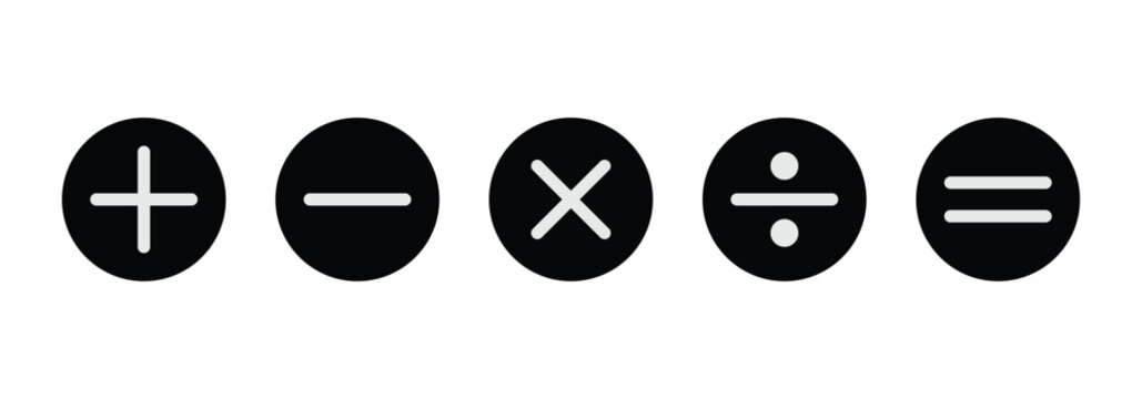 Mathematical plus, minus, multiply, divide and equal icon set vector in black circular frame ideal for calculator interfaces, financial applications and educational project.