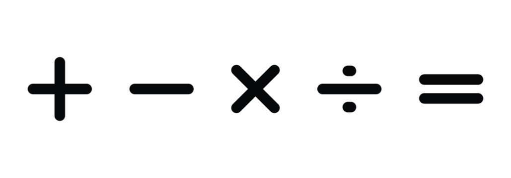 Simple plus, minus, multiply, divide and equal symbol collection are used in calculators, spreadsheet software, programming. Vector illustration.