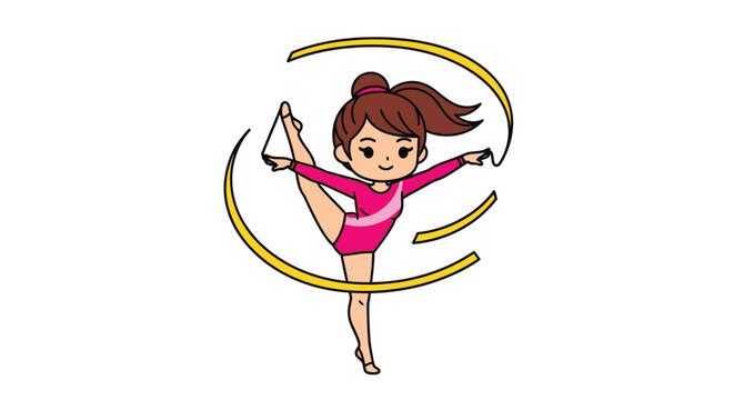 Cartoon illustration of a young girl in a pink leotard performing a gymnastics move with a yellow hoop on a white background.