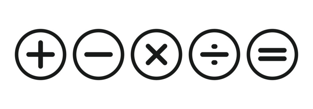 Mathematical plus, minus, multiply, divide and equal icon set vector on white background ideal for calculators, financial applications and educational project work.