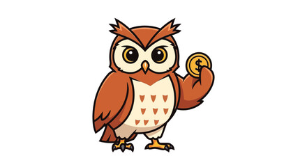Fototapeta premium A cartoon owl with brown and white feathers holds a coin in its raised wing against a plain white background.