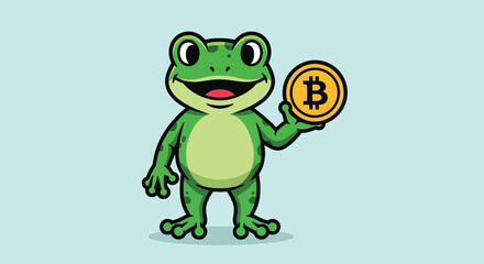 Obraz premium A cartoon frog character holding a Bitcoin coin on a light blue background with a cheerful expression.