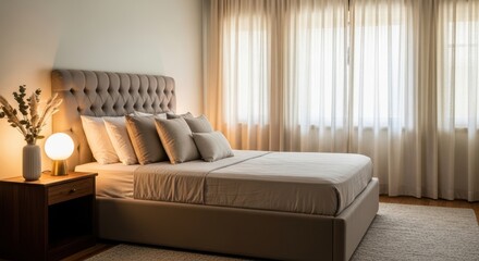 Fototapeta premium Cozy bedroom with a large bed and soft lighting near the window