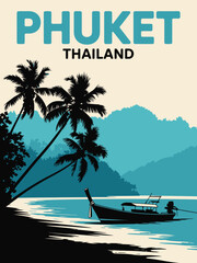 Fototapeta premium PHUKET Poster: Large Turquoise Text with Black Thailand in Bold Sans-Serif Featuring Tropical Beach Scene with Palm Trees