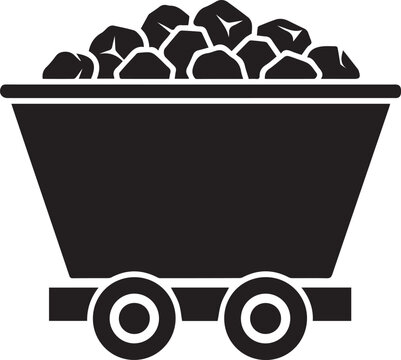 Black silhouette of a mining cart filled with coal on railroad wheels, industrial icon for mining or transportation themes.