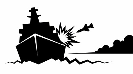 Fototapeta premium Silhouette illustration of a naval warship being struck by a missile with an explosion impact.