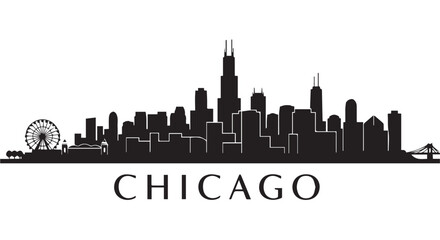 Naklejka premium Chicago city skyline silhouette with iconic buildings and ferris wheel on Transparent Background, black illustration