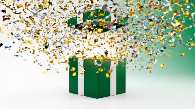 Green and white gift box explodes with golden confetti against a soft green background