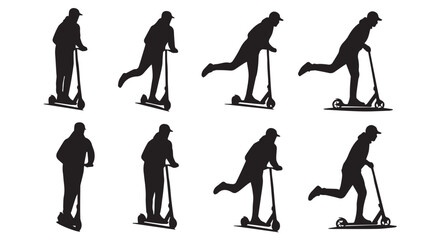 Fototapeta premium Silhouette of a man riding a scooter in various dynamic poses against a Transparent Background, showcasing movement and action.