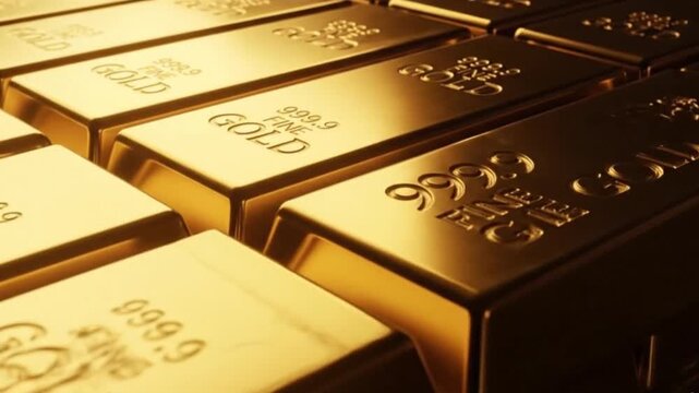 stacked gold bars, High-Angle Close-Up of 999.9 Fine Gold Bullion Bars Stack &ndash; Premium Wealth and Investment Concept