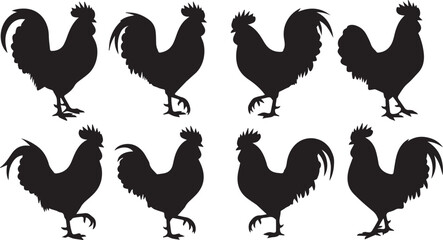 Obraz premium Collection of eight black rooster silhouettes in various poses on a Transparent Background, perfect for farm or poultry designs.