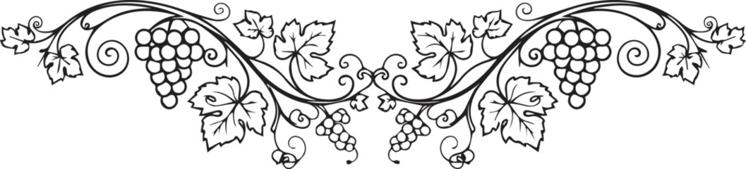 Naklejka premium Elegant black and white illustration of grapevine with clusters and leaves, decorative border design element.