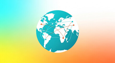 Global connections map with lines and dots on colorful gradient background for travel and transportation concepts