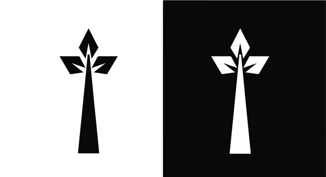 Two stylized fleur-de-lis symbols in black and white on contrasting backgrounds.