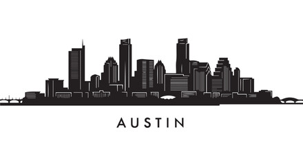 Fototapeta premium Black silhouette of Austin city skyline with modern buildings and towers against a Transparent Background, Texas cityscape.