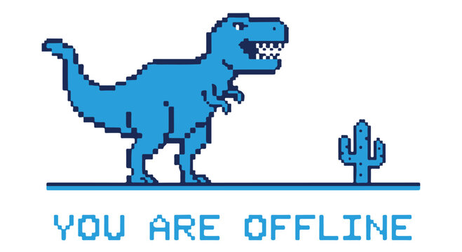 Pixel art blue T Rex standing next to a cactus with YOU ARE OFFLINE text on Transparent Background, error message icon.