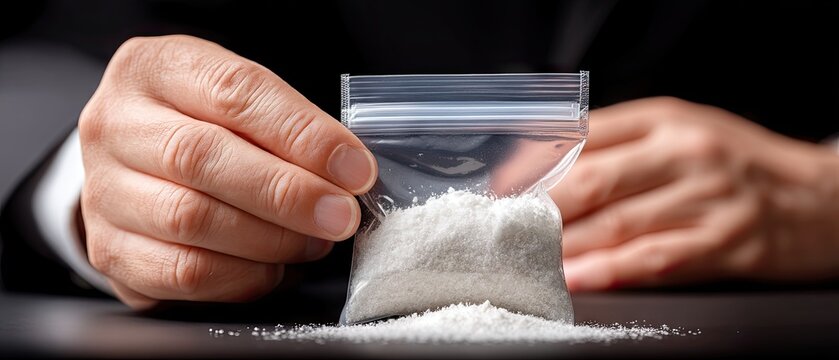 Close-up view of man's hand holding small ziplock bag filled with white powder against black background in drug awareness poster for Sonya