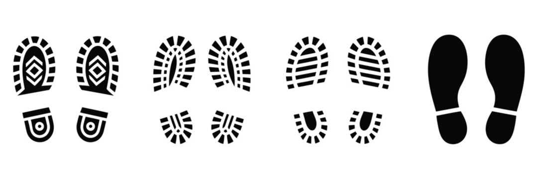 Footprint and shoe print icons set, vector illustration on white background, including human, shoe, boot, and sole print silhouettes, perfect for tracking