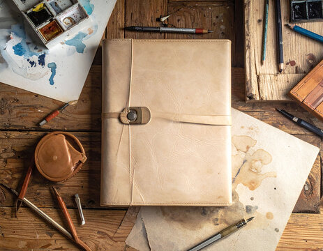 Rustic leather journal on a weathered wood table surrounded by watercolors, pencils, and aged paper. A nostalgic scene perfect for themes of creativity, art, travel, and storytelling.