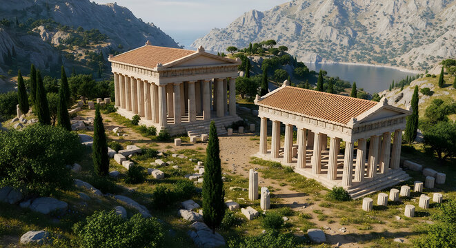 Ancient ruins of the temple of trajan in a lush mountainous landscape
