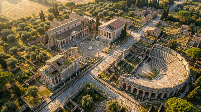 Vista a&eacute;rea hiperrealista desde dron de ruinas de ciudad romana con foro, columnas y anfiteatro. Concepto hist&oacute;rico, arqueol&oacute;gico y patrimonial.