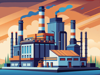 Obraz premium Industrial factory illustration with smoke stacks and colorful sky in a modern geometric art style